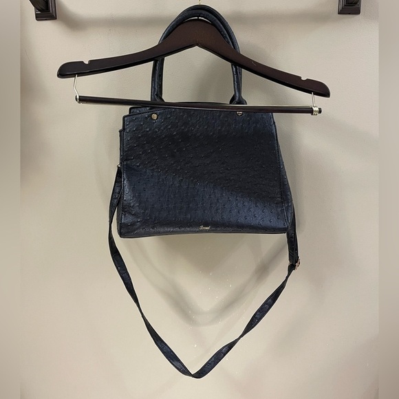 Crossi Black Faux Ostrich Black Handbag with Bow Shoulder Strap Crossbody - Picture 2 of 11